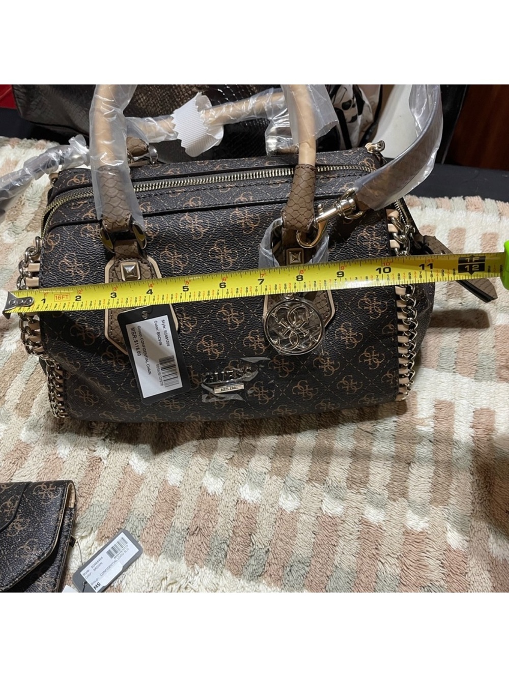 GUESS Brown Monogram Satchel with Gold Hardware